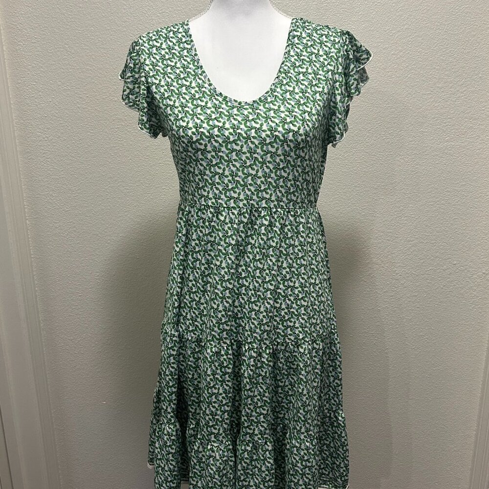 Max Studio pullover midi dress, white and green floral, tiered skirt, lined, XS